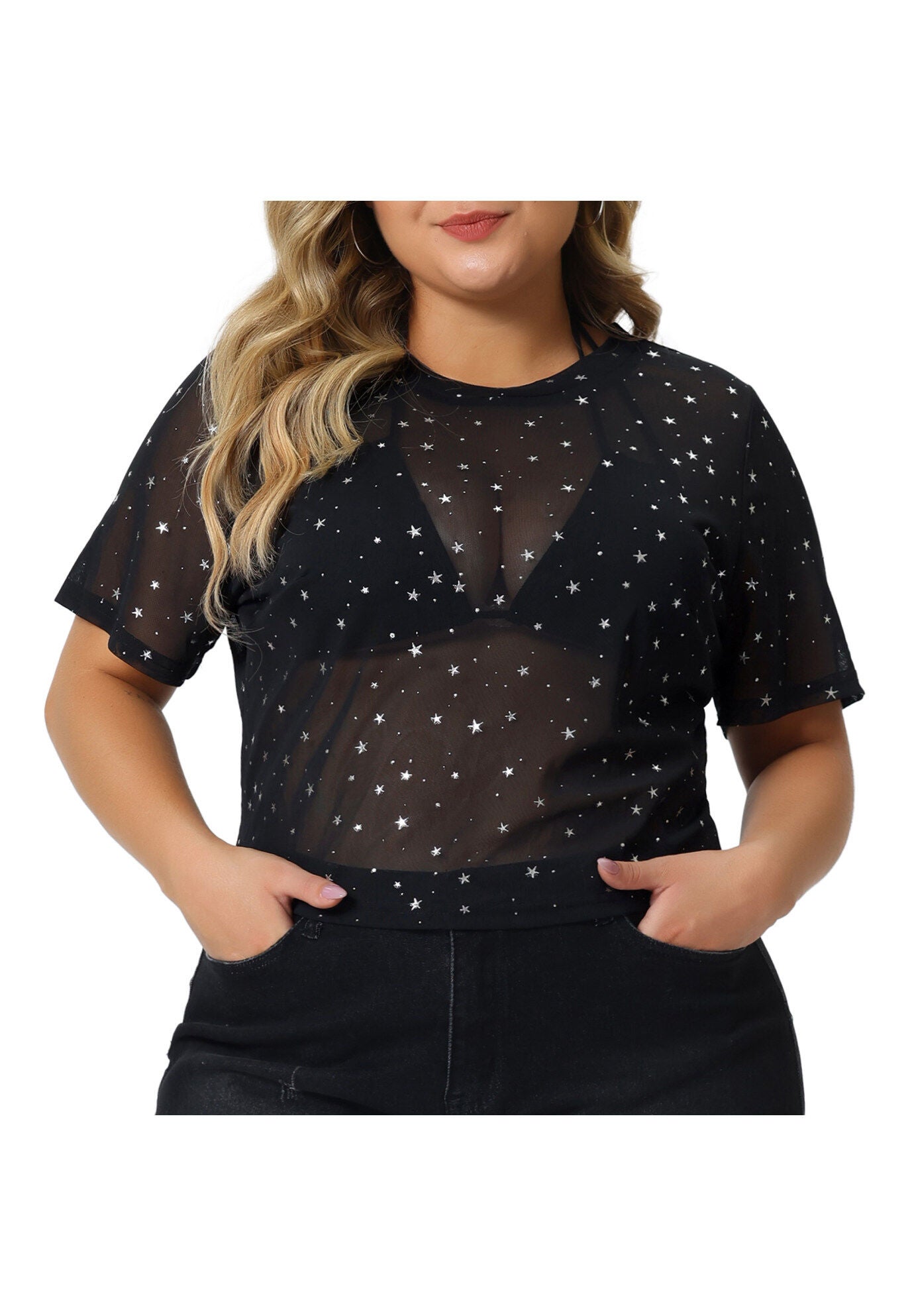 MESH TOP GLITTER SILVER STAR SHEER SEE THROUGH SHORT SLEEVE SHORT TEE, Black / Black, alternate image number 2