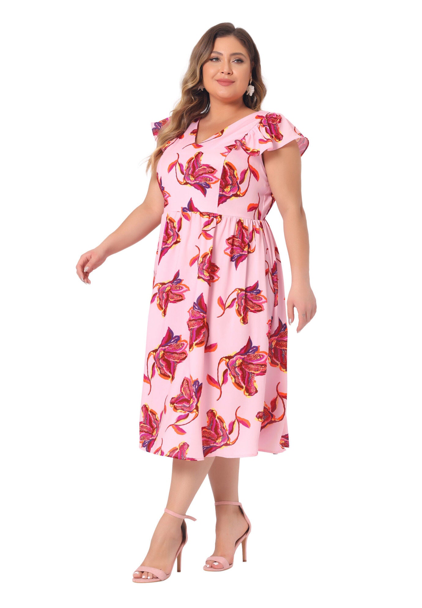 Floral Ruffle Short Sleeves Tie Back V Neck Summer Dress, Pink / Pink, hi-res image number 0