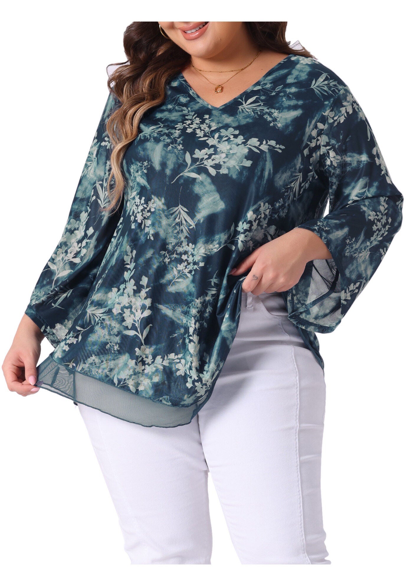 V Neck Mesh Flowy 3/4 Flared Sleeve Tunic Blouse Top, Cyan / Teal, alternate image number 1