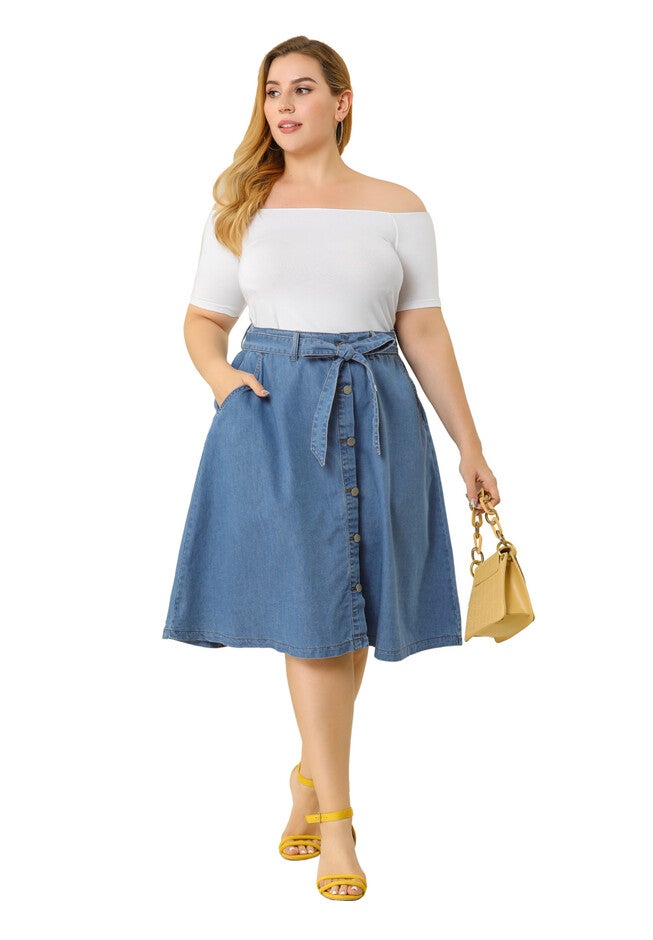 TIE WAIST A-LINE MIDI JEANS DENIM SKIRT, Blue / Light Blue, hi-res image number 0