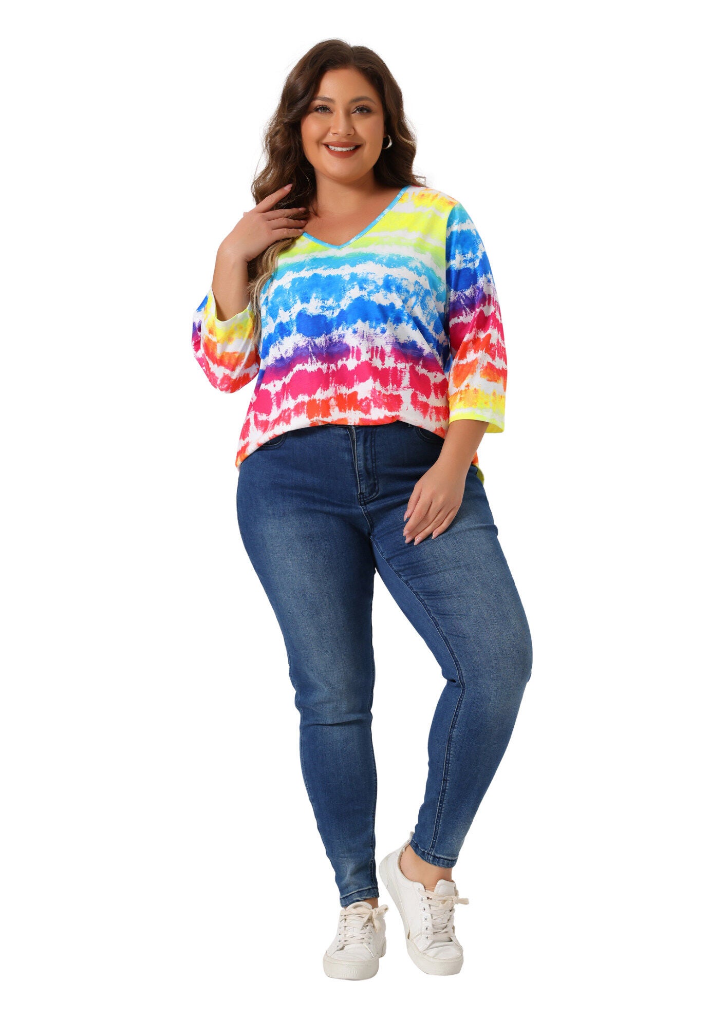 V Neck 3/4 Sleeve Loose Casual Striped Tie Dye Print T-Shirt Top, Rainbow / Yellow, hi-res image number 0