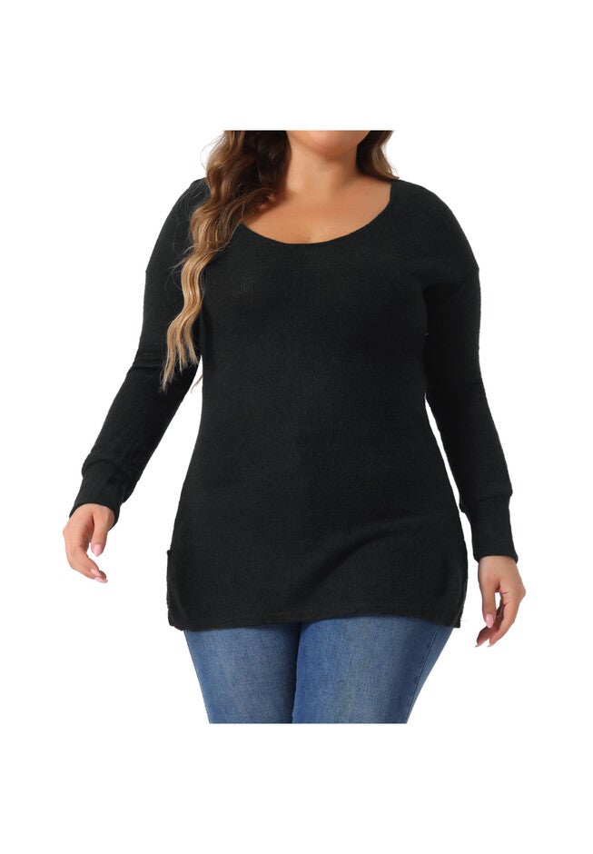 V Neck Waffle Knit Long Sleeve Shirt Basic Top, Black / Black, alternate image number 2