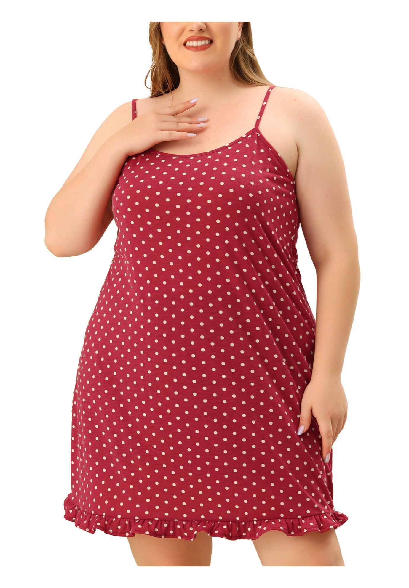 Sleeveless Polka Dots Ruffle Hem Cami Sleepwear Dress, Burgundy / Burgundy, alternate image number 1
