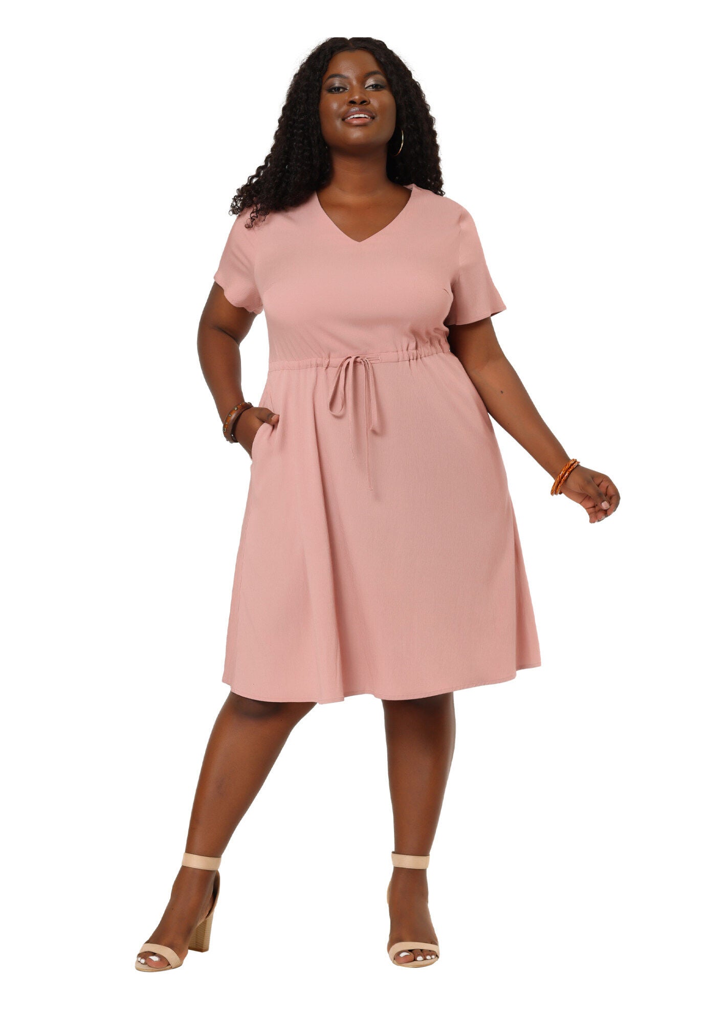V Neck Short Sleeve A Line Flowy Midi Chambray Dress, Pink / Pink, alternate image number 2