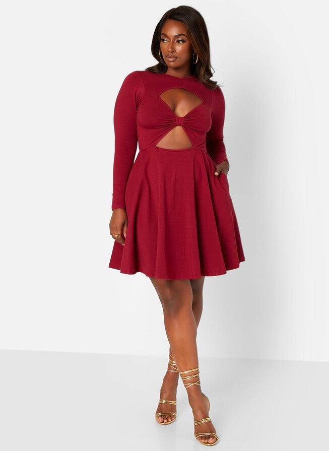 Spellbound Cotton Double Cut Out Mini Skater Dress with Pockets, Red / Red, alternate image number 1