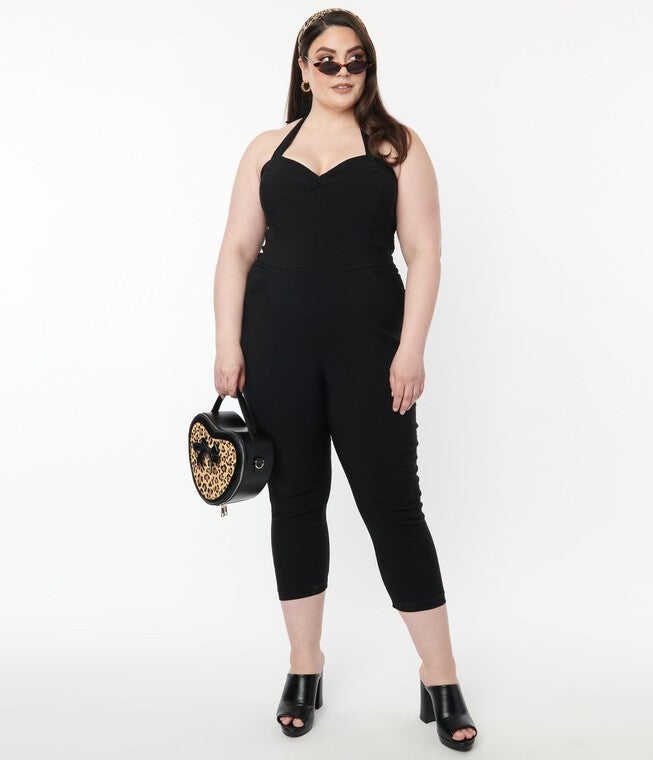 Unique Vintage 1950s Black Halter Marcel Jumpsuit, Black / Black, alternate image number 4