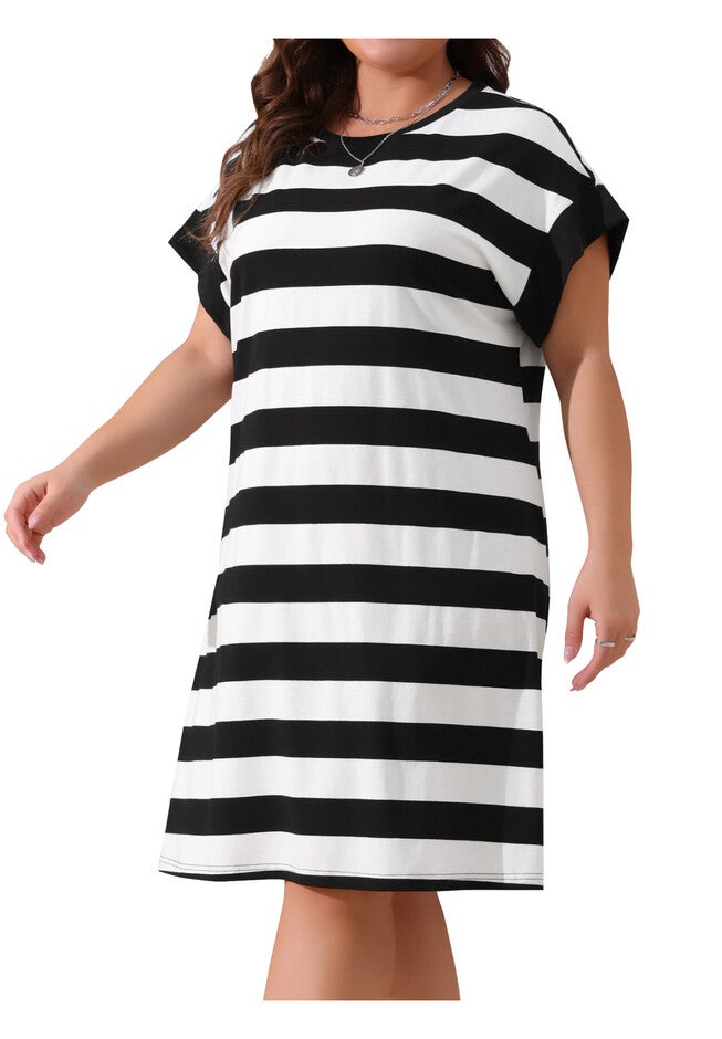 Summer Short Sleeve Striped Casual T Shirt Dress, Black / Black, alternate image number null