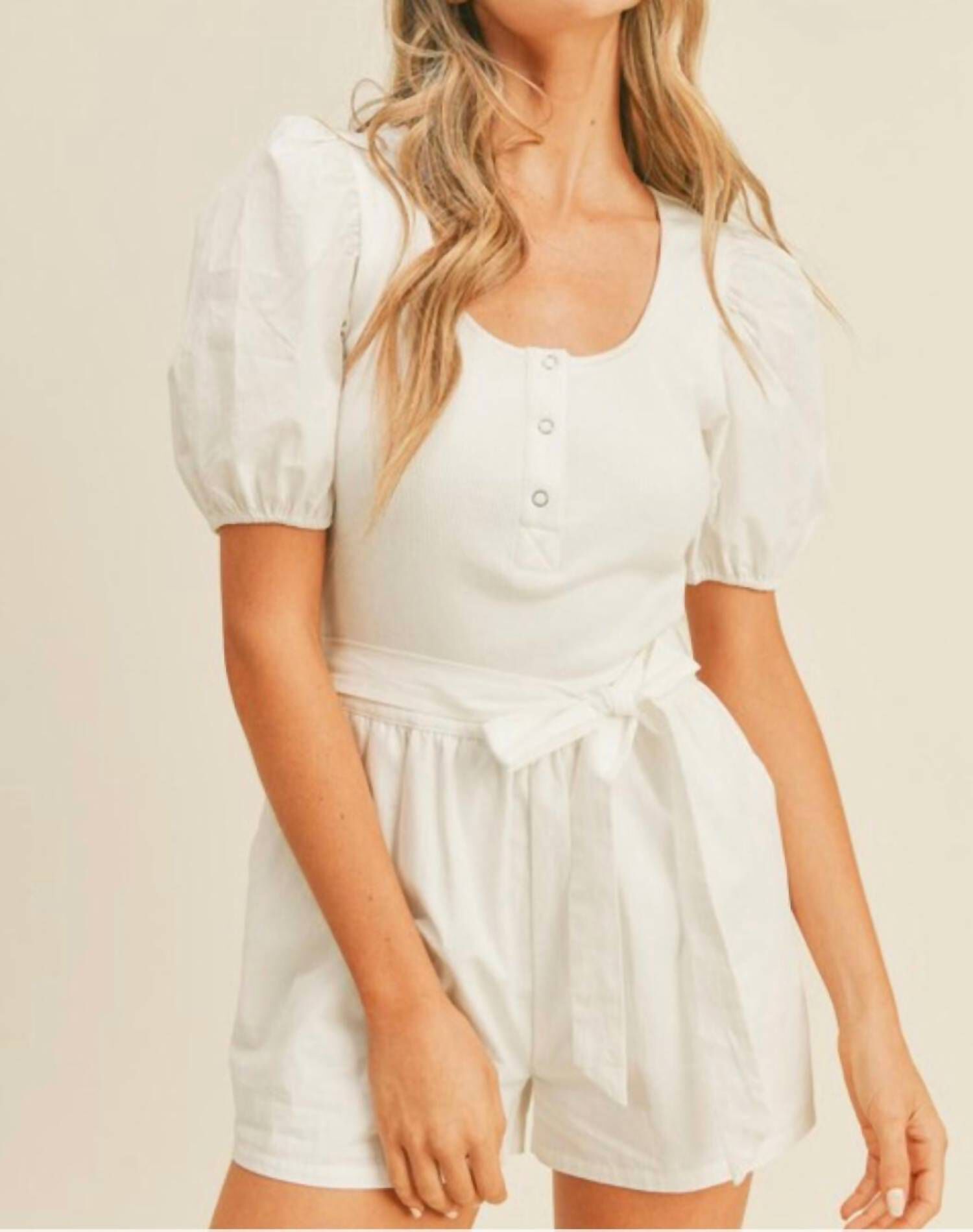 PUFF SLEEVE ROMPER IN WHITE, White / White, hi-res image number 0