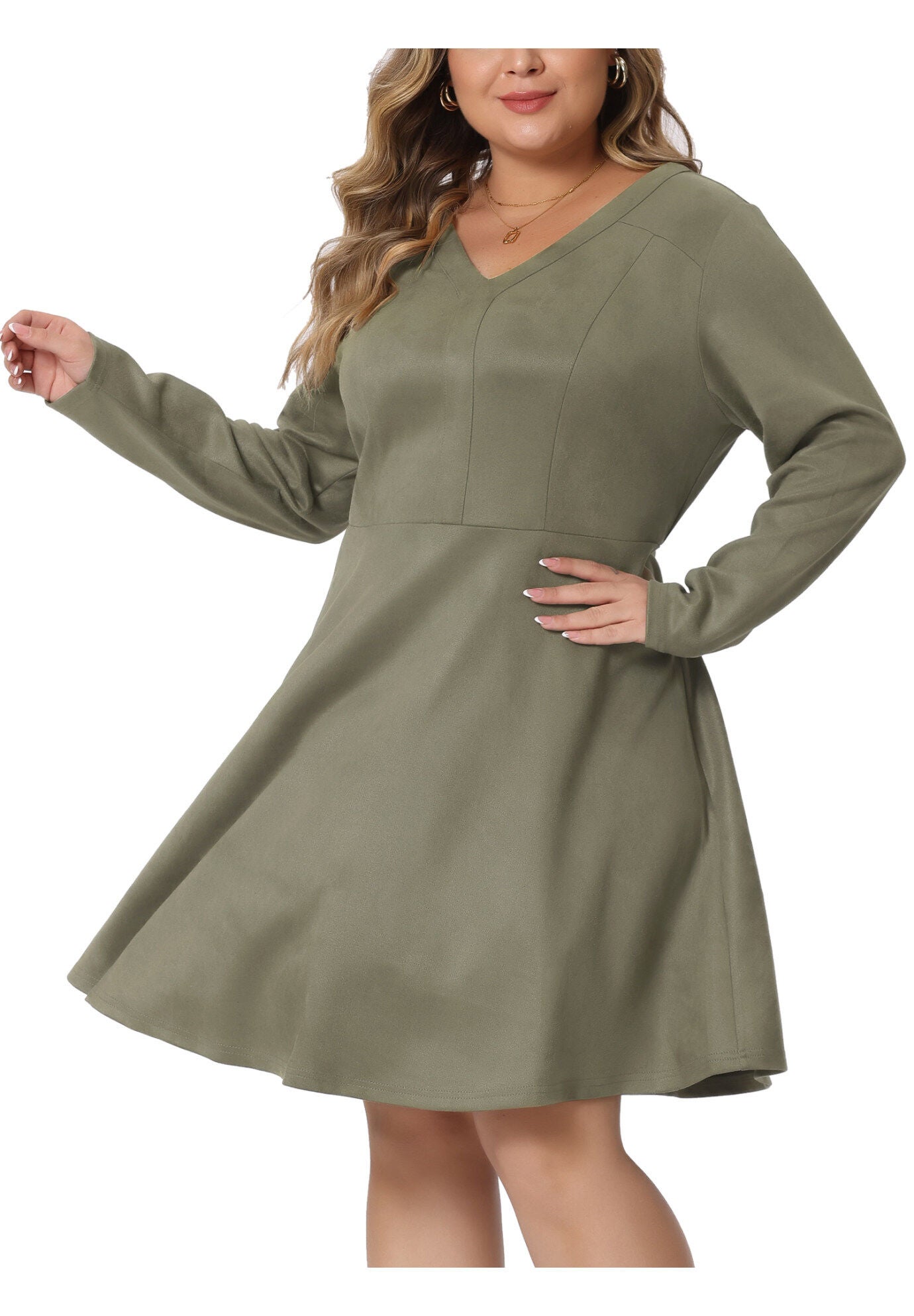 Faux Suede V Neck Long Sleeve A-Line Elegant Midi Dress, Green / Sage Green, alternate image number 1