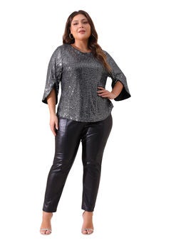Glitter 3/4 Slit Sleeve Shimmer Sequin Blouse Top