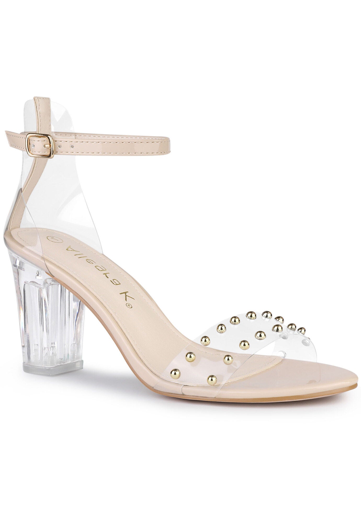 Clear Block Heel Ankle Strap Heeled Sandals, Beige / Beige, hi-res image number 0