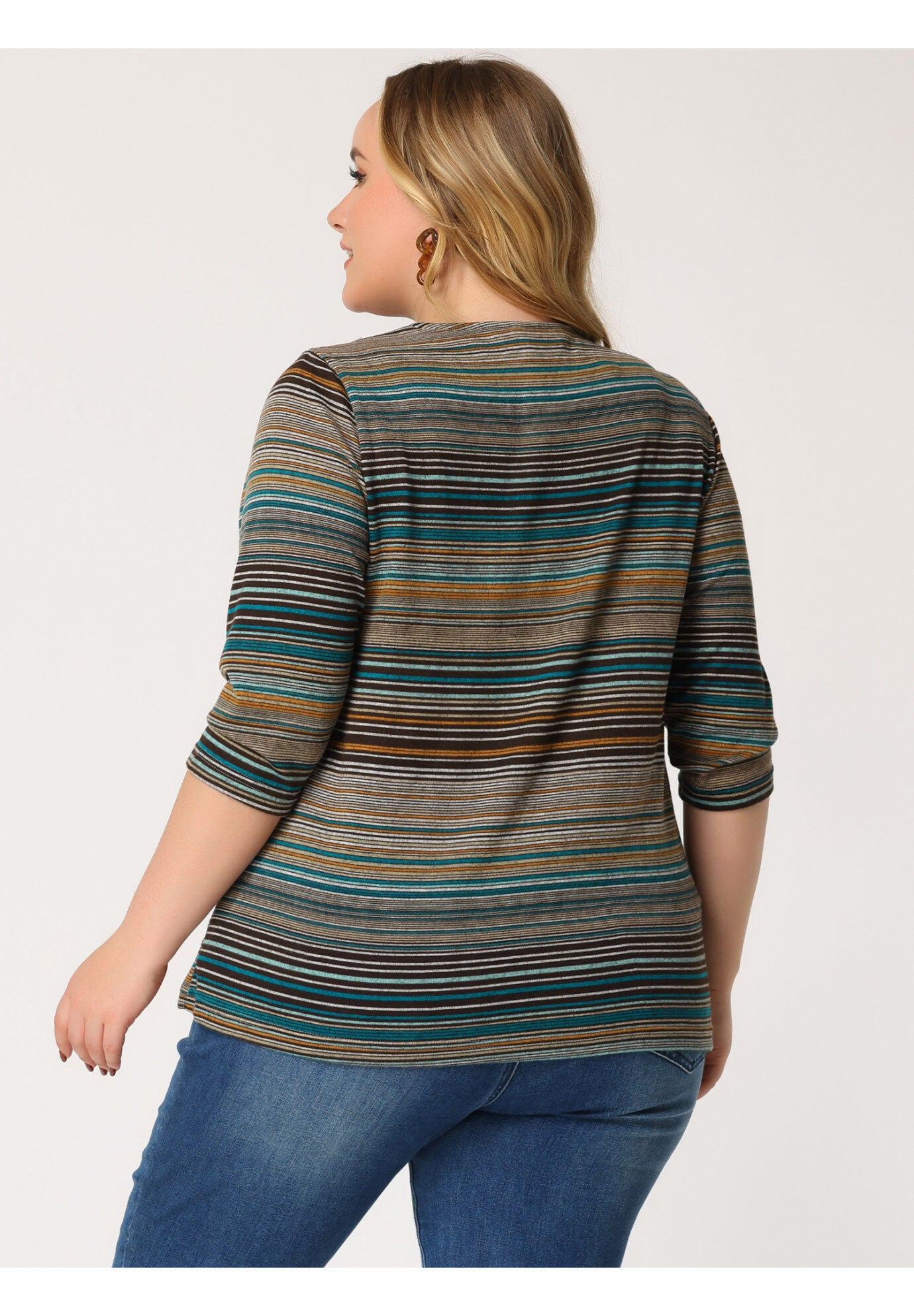 Stripe 3/4 Sleeve Tunic V Neck Knit Blouse, Lake Blue / Brown, alternate image number 3