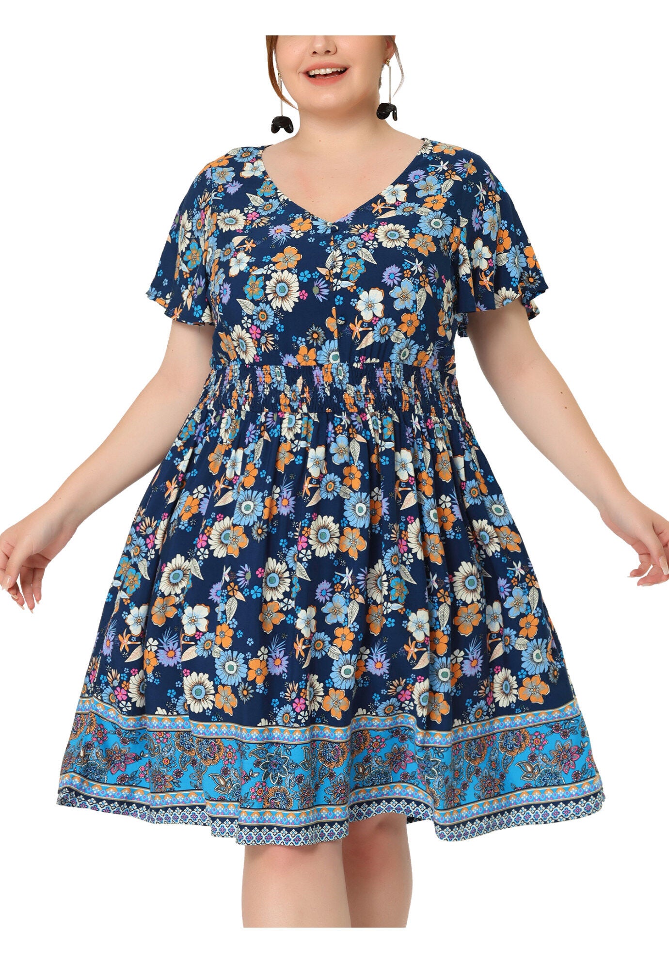 Placed Pattern Bohemian Smock Waist V Neck Summer Midi Dress, Dark Blue / Navy, alternate image number 2