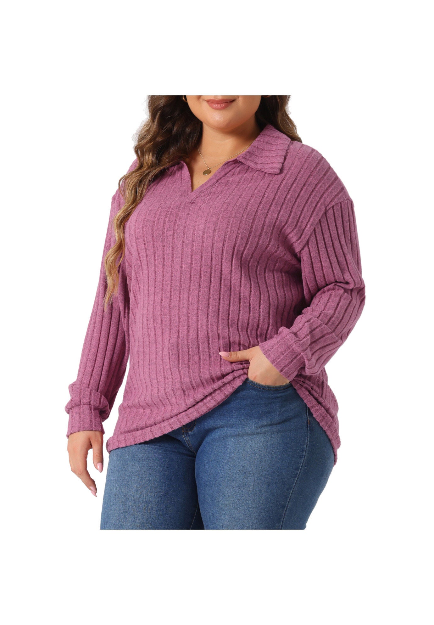 Loose Polo V Neck Long Sleeve Ribbed Knit Top, Fuchsia / Deep Fuchsia, alternate image number 4