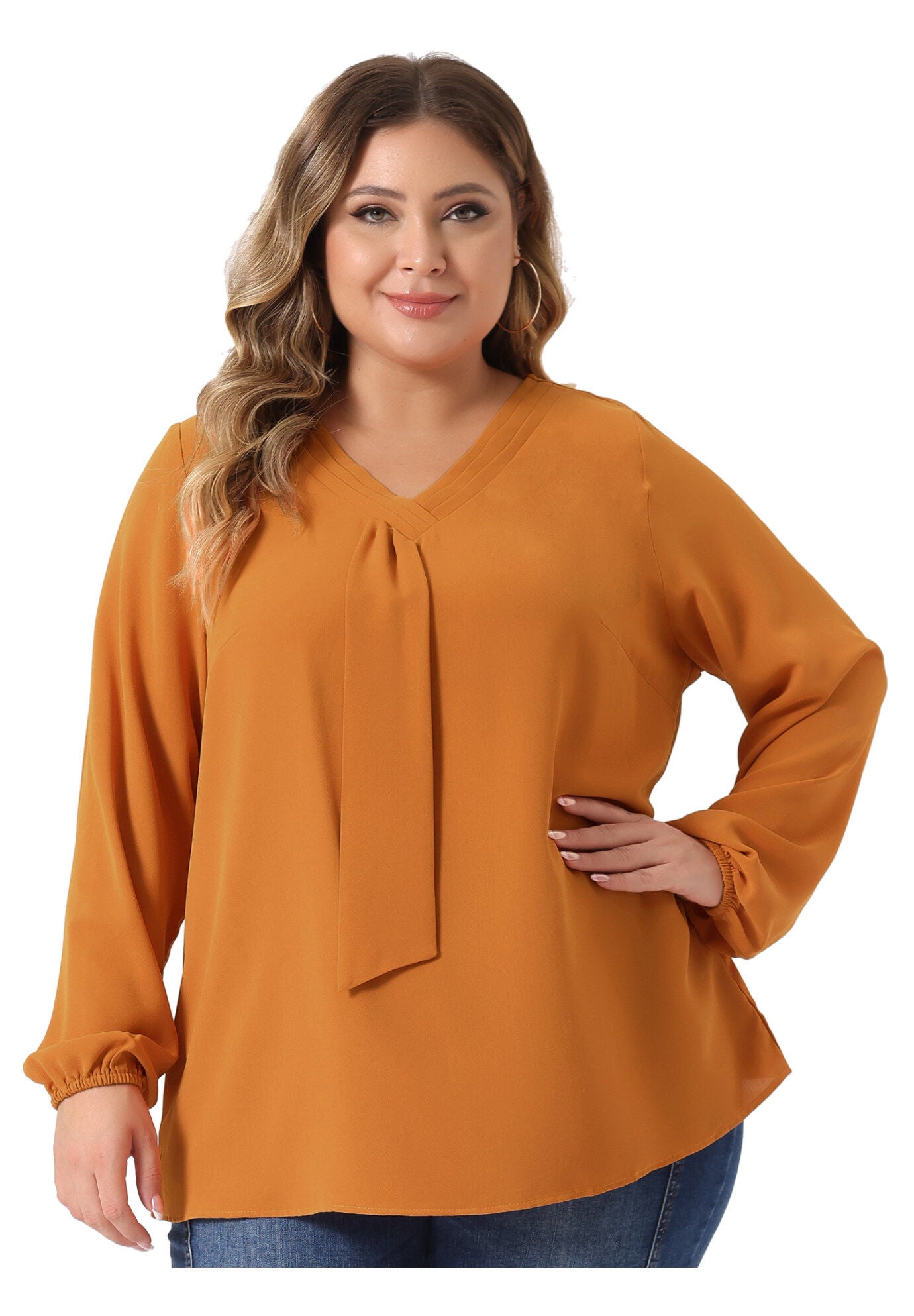 V Neck Long Sleeve Ruffle Tie Front Office Work Chiffon Blouse Top, Orange / Orange, alternate image number 1