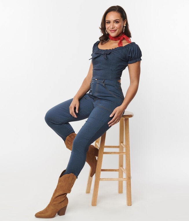 Unique Vintage Indigo Denim Cuffed Jeans, , alternate image number null