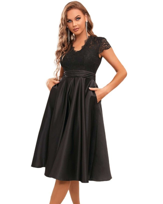 Lace Cap Sleeve V neck Cocktail Dress, Black / Black, alternate image number 3