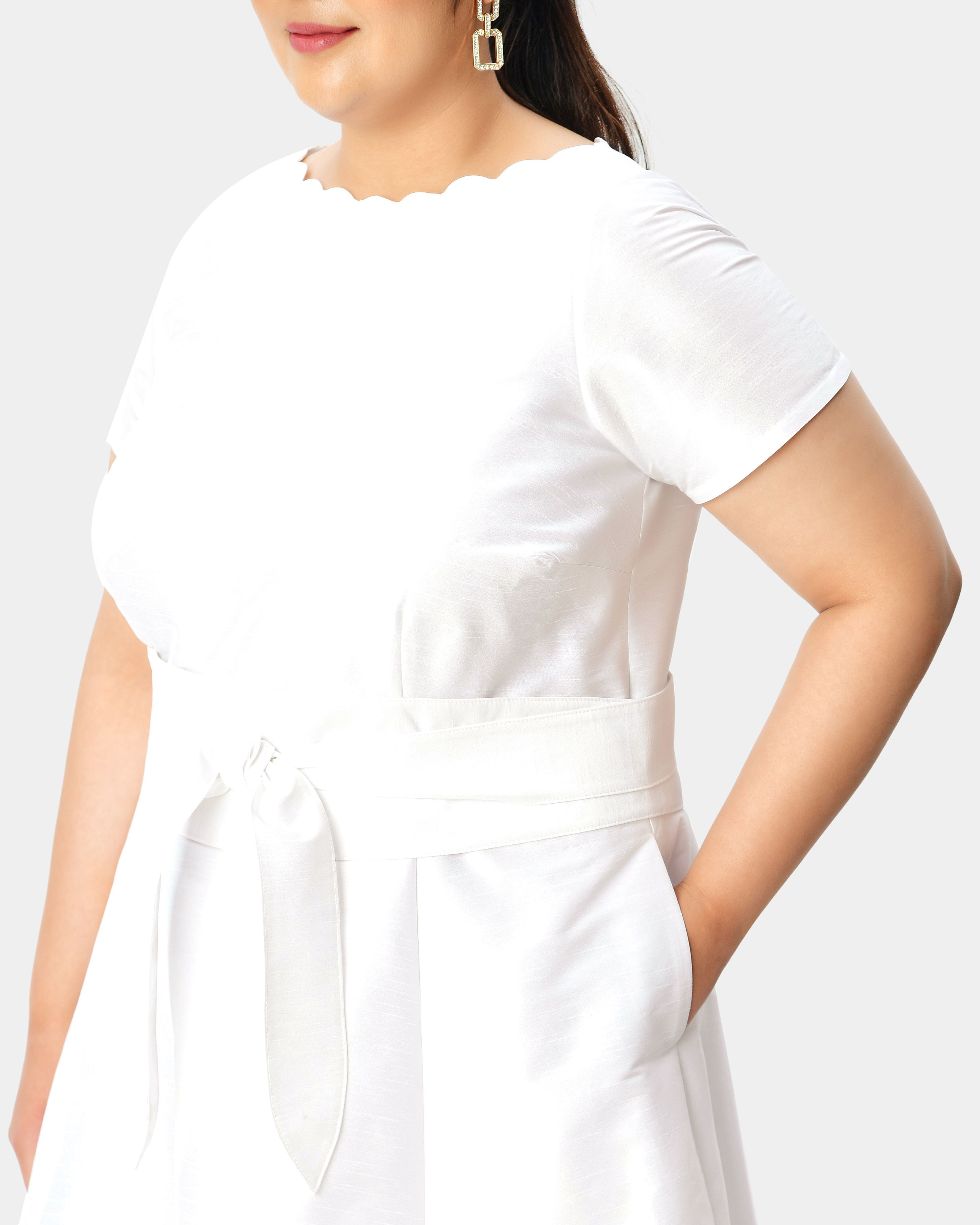 Obi belt dupioni scallop trim boatneck dress, White / White, alternate image number 3