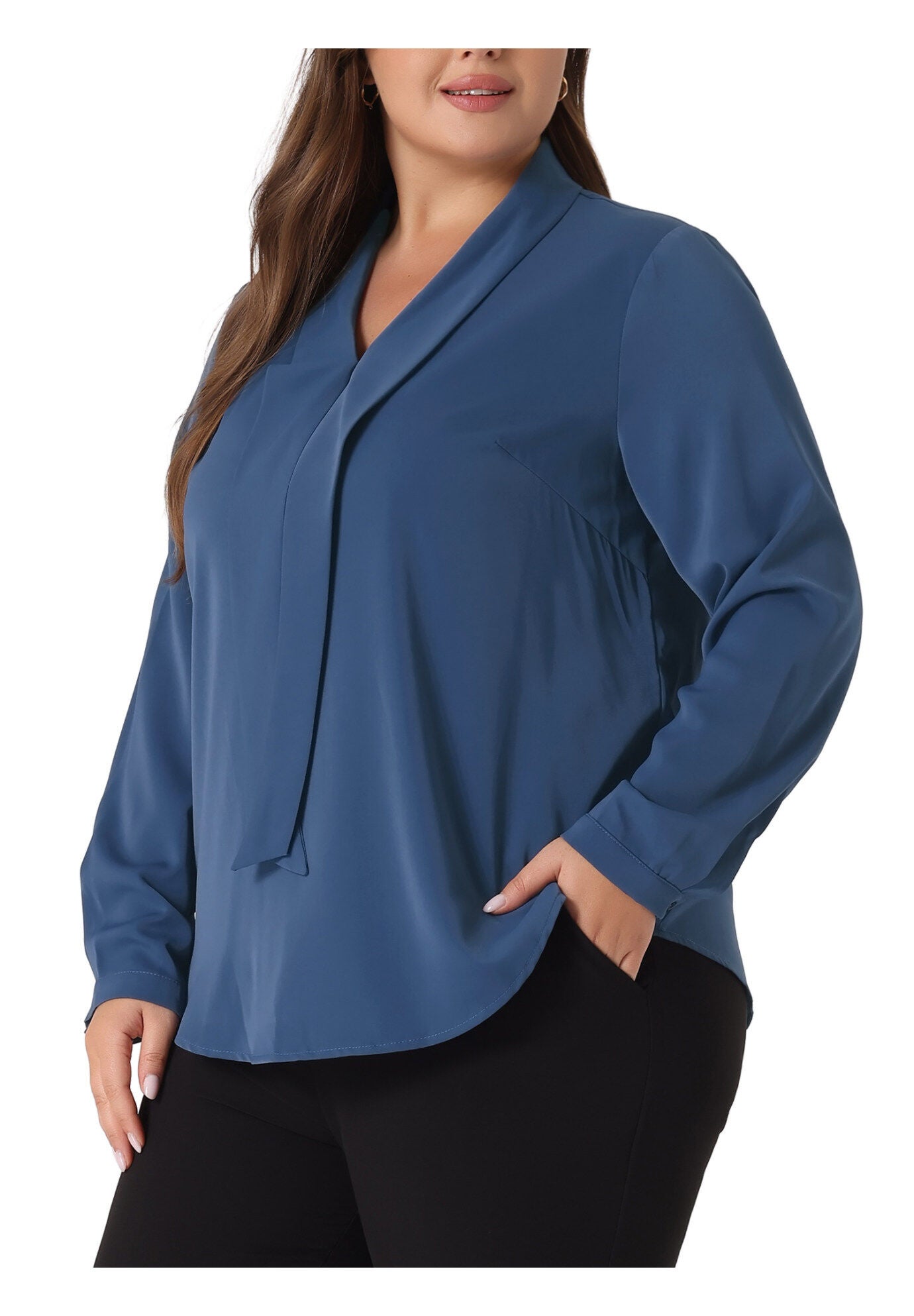 Long Sleeve Tie V Neck Chiffon Blouse, Blue / Navy, alternate image number 1