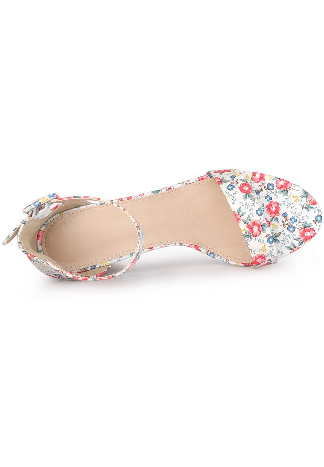 Floral Print Open Toe Block High Heels Summer Sandals, Red White / Red, alternate image number 3