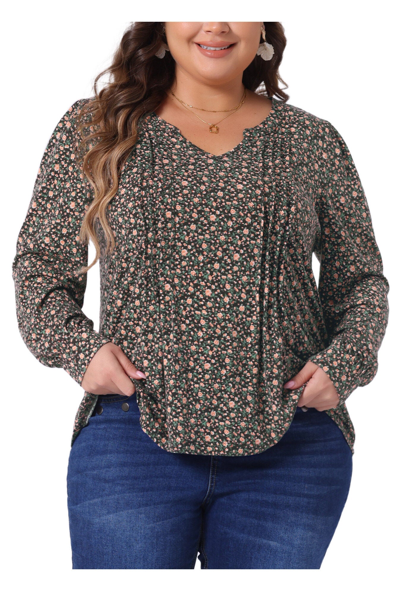 Long Sleeve Pleated Notch V Neck Floral Tunic Blouse, Brown Orange / Orange, alternate image number 2