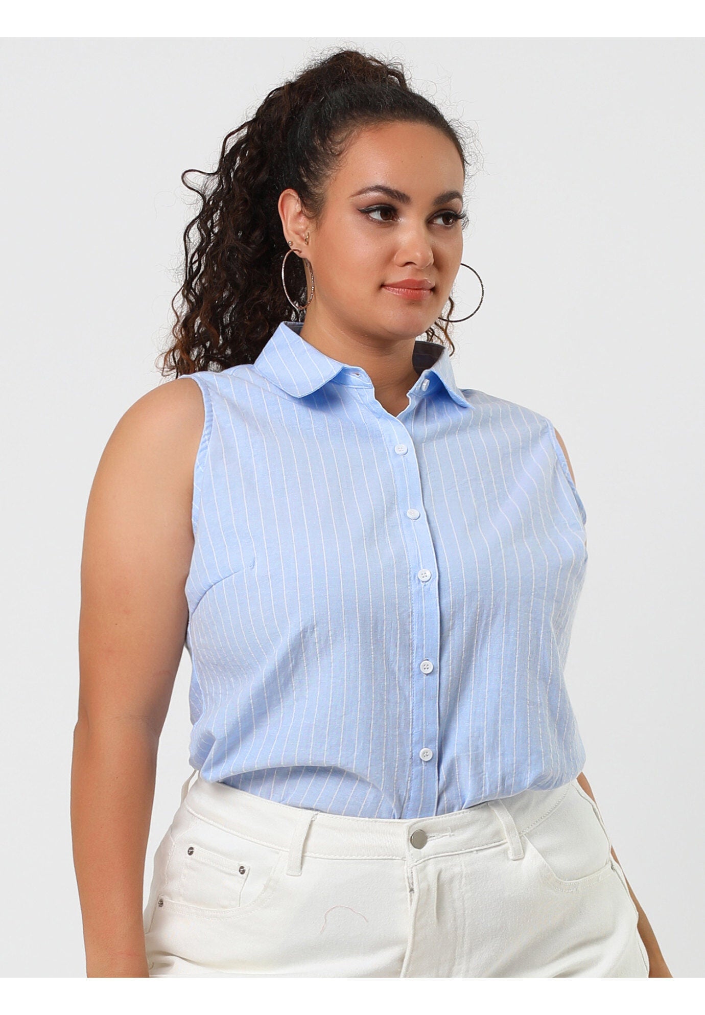 SLEEVELESS TOP SUMMER CASUAL BUTTON DOWN TANK SHIRT, Blue / Light Blue, alternate image number 1