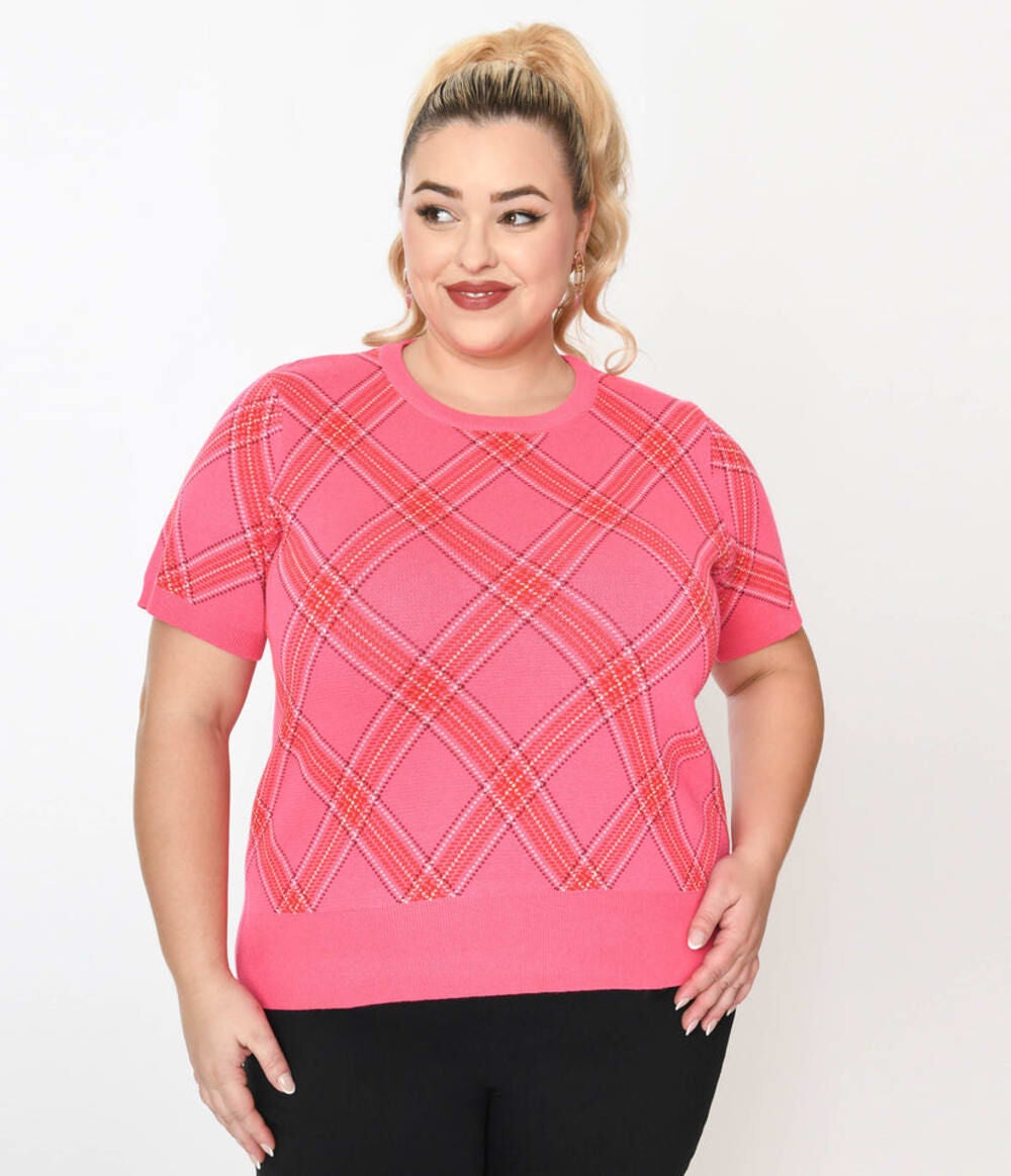 Unique Vintage Hot Pink Bias Plaid Short Sleeve Sweater, Hot Pink Bias Plaid / Pink, alternate image number 1