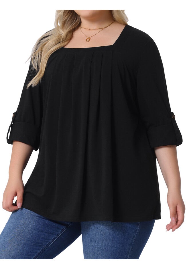 Long Sleeve Square Neck Flowy Pleated Loose Fit Tunic Top, Black / Black, alternate image number 2