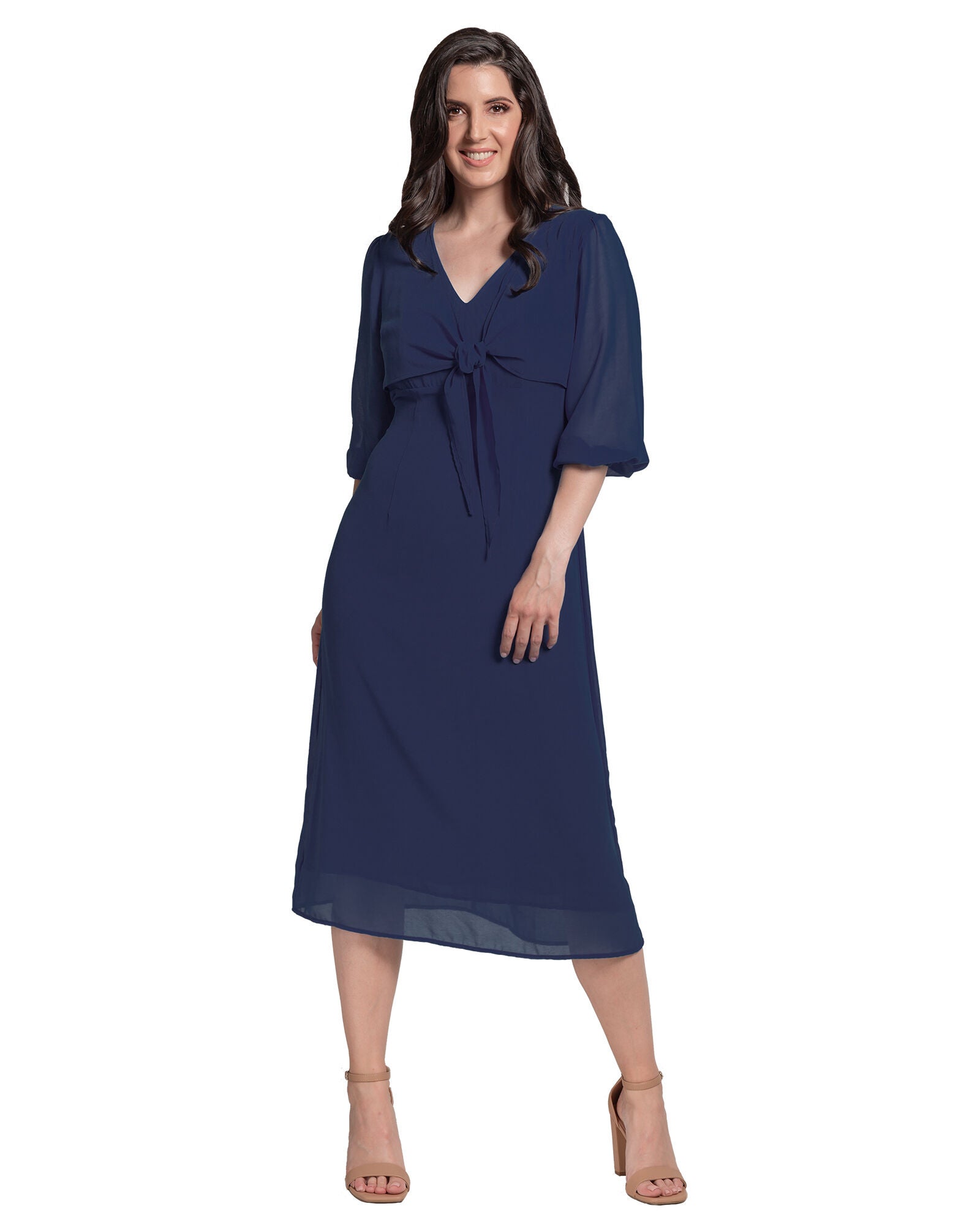 Standards & Practices Tie Front Puff Sleeves Midi Dress, , alternate image number 8