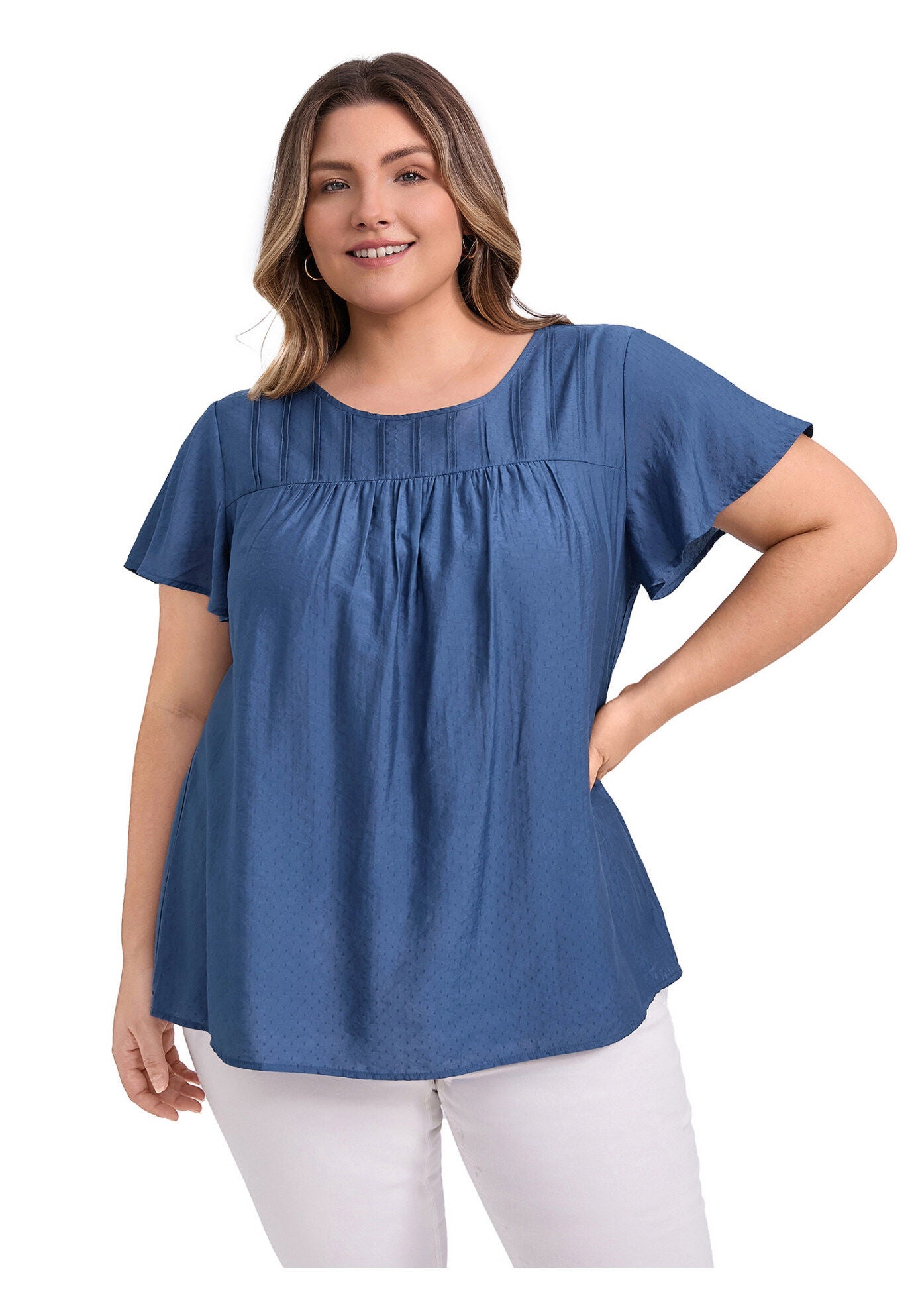 Summer Blouse Texture Ruffle Short Sleeve Toothpick Pleated Top, Dark Blue / Navy, hi-res image number 0