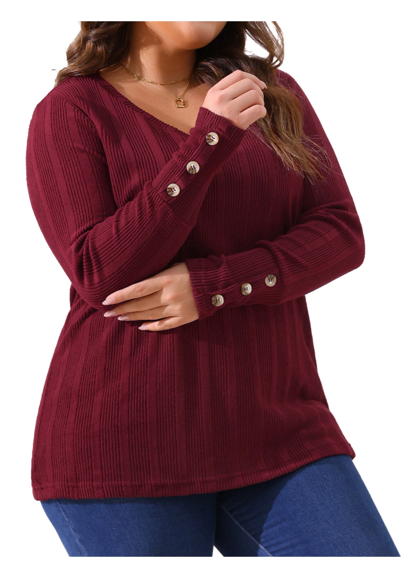 V Neck Button Stretchy Pullover Sweater Knit Top, Burgundy / Burgundy, alternate image number 1