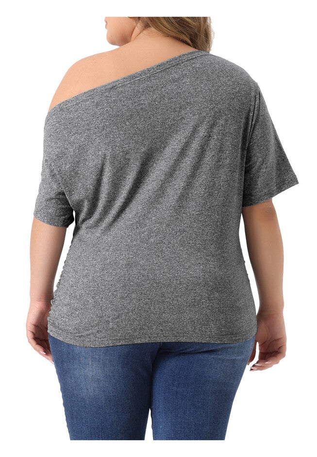 ONE SHOULDER SHORT SLEEVE RUCHED TOP, Gray / Charcoal Grey, alternate image number null