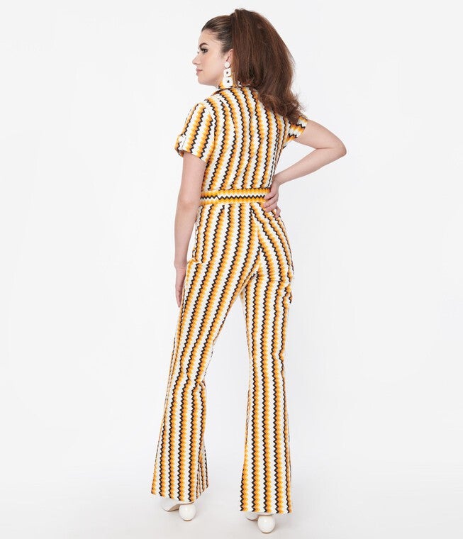 Smak Parlour Candy Corn Zig Zag Stripe Flare Jumpsuit, Candy Corn Print / Orange, alternate image number 1