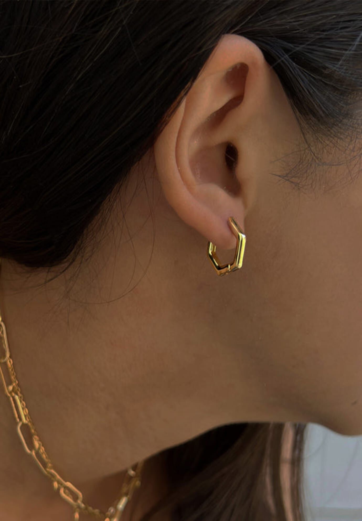 INNOVATE Hexagon Mini Hoop Earrings, Gold / Gold, alternate image number 3