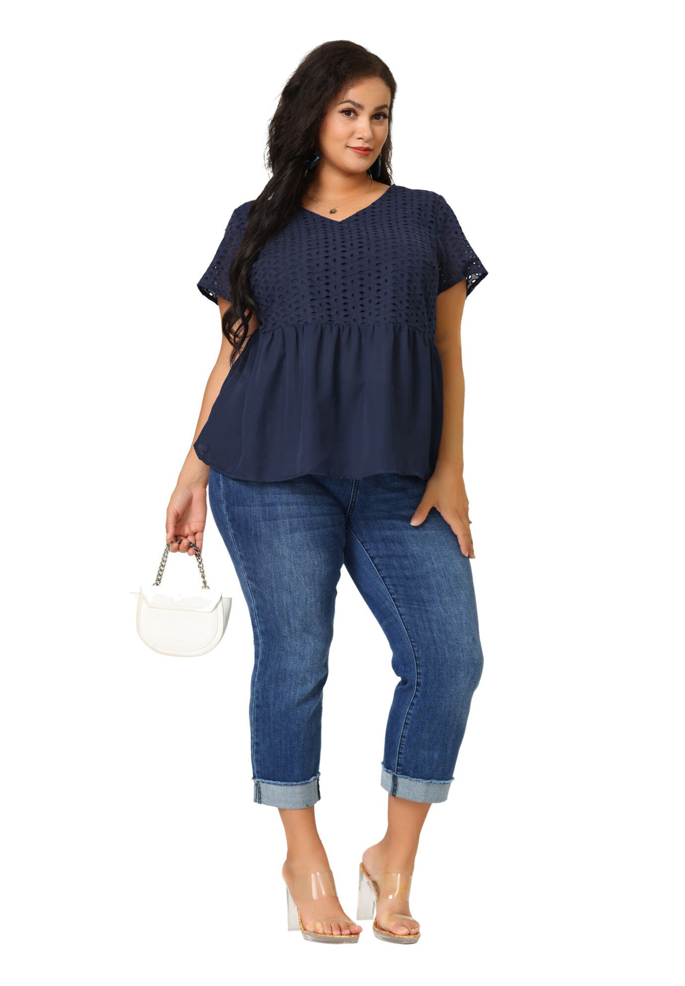 PEPLUM BLOUSE SUMMER SHORT SLEEVES V NECK BABYDOLL TOP, Dark Blue / Navy, hi-res image number 0