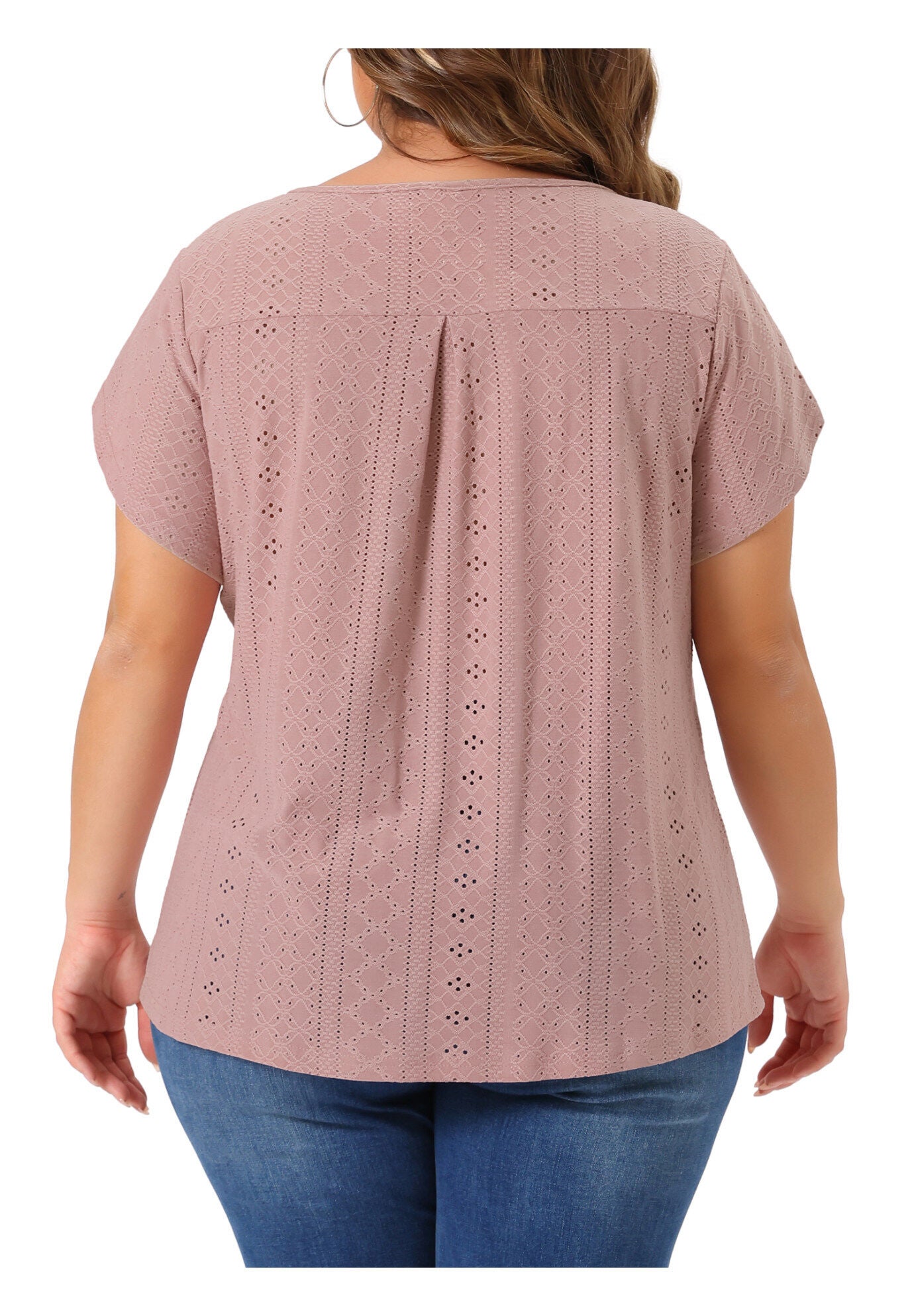 Petal Sleeve Pleated Front Key Hole Round Neck Loose Top, Pink / Pink, alternate image number 3