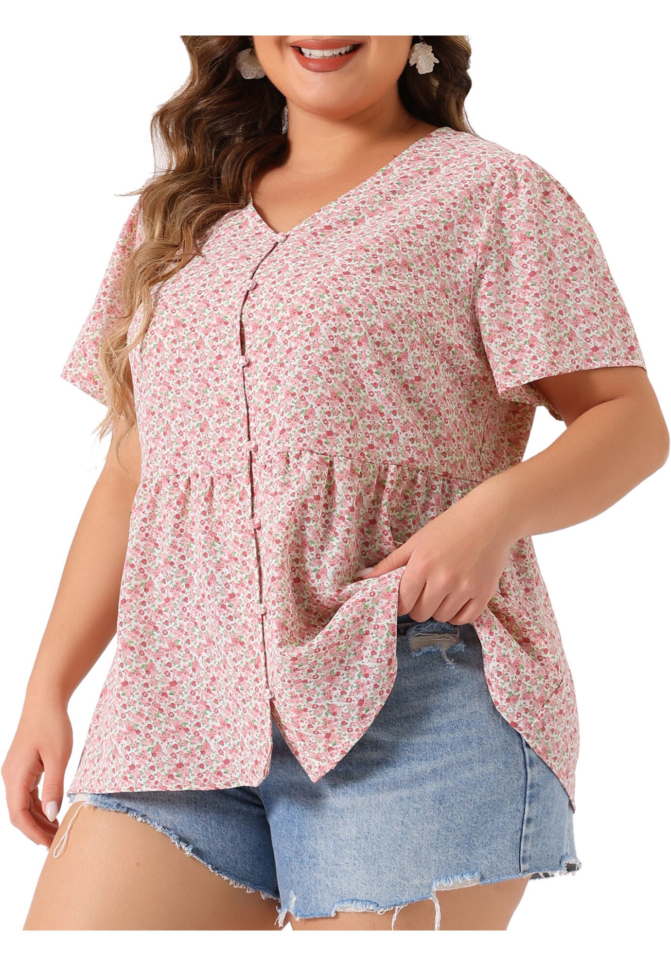 Chiffon Shirt V Neck Ruffle Short Sleeve Floral Peplum Top, Pink / Pink, alternate image number 4