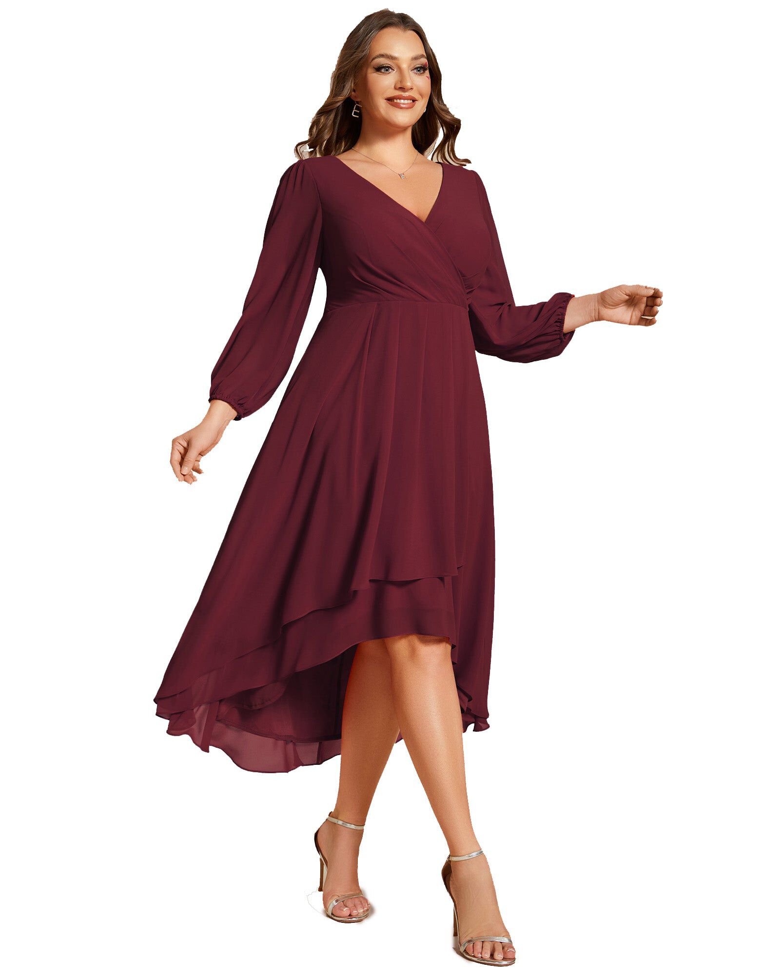 Long Sleeves Asymmetrical Hem A-Line Midi Wedding Guest Dress | Dia & Co
