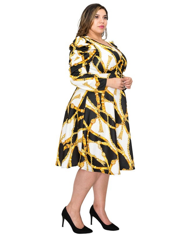 CALLIE FLARE MIDI DRESS, BlackIvoryGold / Black, alternate image number 3
