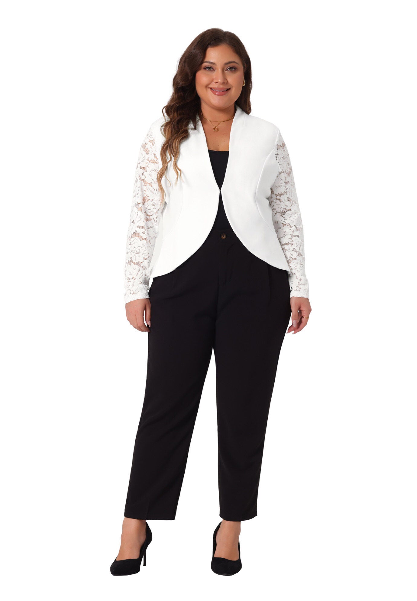 LACE OPEN FRONT CROPPED SHRUG BOLERO BLAZER, White / White, hi-res image number 0