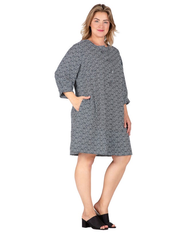 Victoria Women's Plus Size Pullover 3/4 Sleeve Flounce Pleated Hem Mini Dress, Black White / Black, alternate image number 2