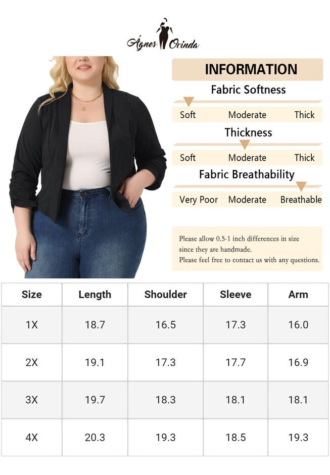3/4 RUCHED SLEEVE LIGHTWEIGHT BLAZER JACKET, Black / Black, alternate image number 4