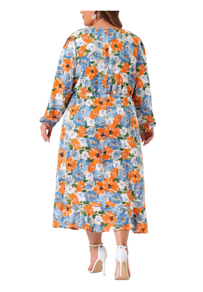 V Neck Long Sleeve Ruffle Chiffon Flowy Floral Maxi Dress with Belt, Beige / Beige, alternate image number 3