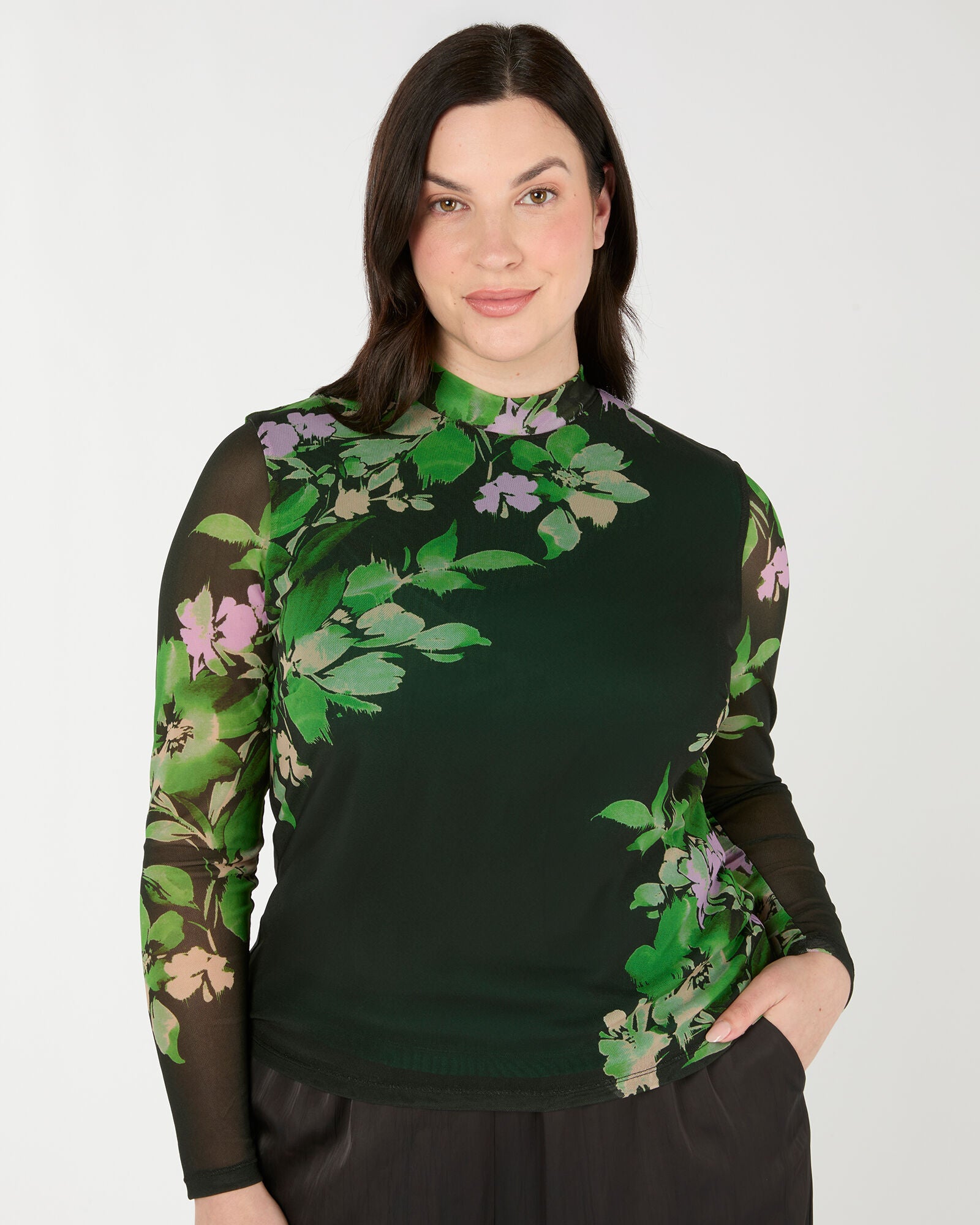 Fiora Printed Long Sleeve Mesh Top, Ivy Fleur / Forest Green, alternate image number 4