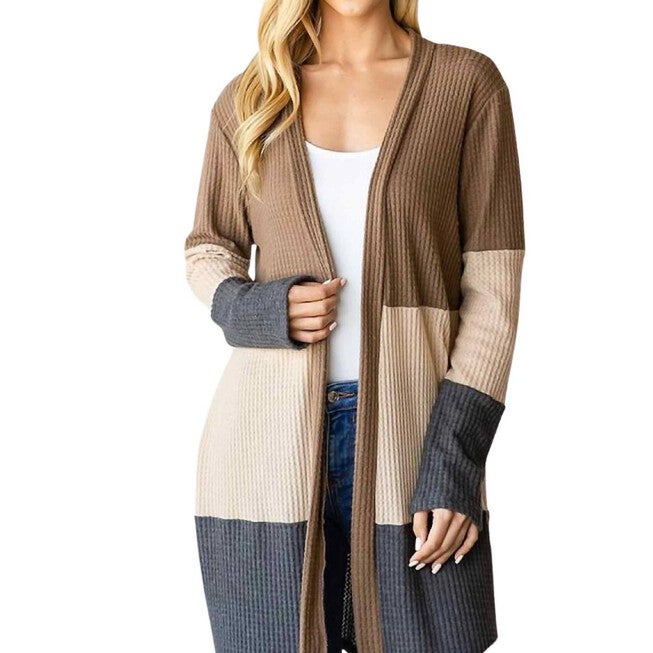 CASUAL COLOR BLOCK CARDIGAN IN BROWN MULTI, Brown Multi / Brown, hi-res image number null