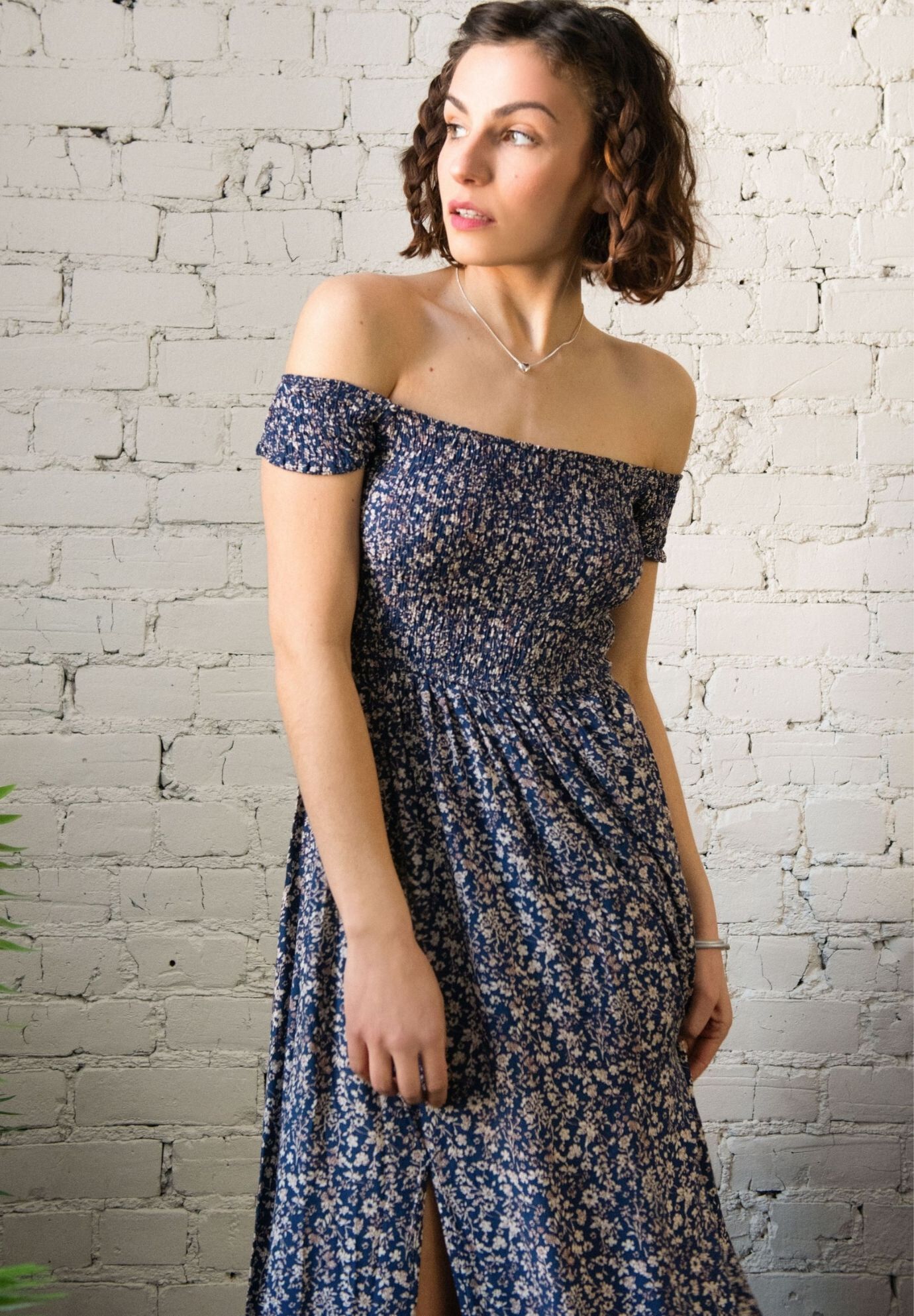 Annick- Lilou On-Off Shoulder Ditsy Floral Maxi Dress Front Slits, Navy / Navy, alternate image number 3