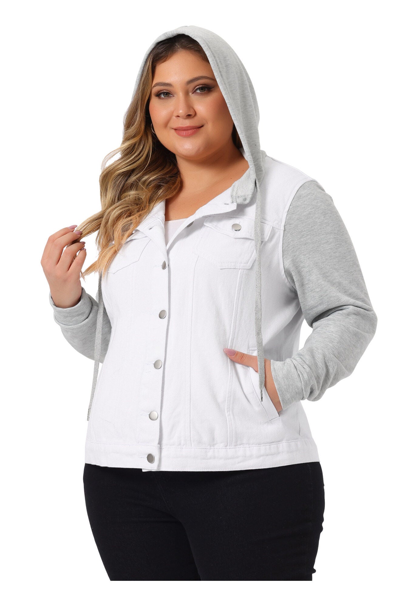 LAYERED DRAWSTRING HOODIE DENIM JEAN JACKET, White / White, alternate image number 2