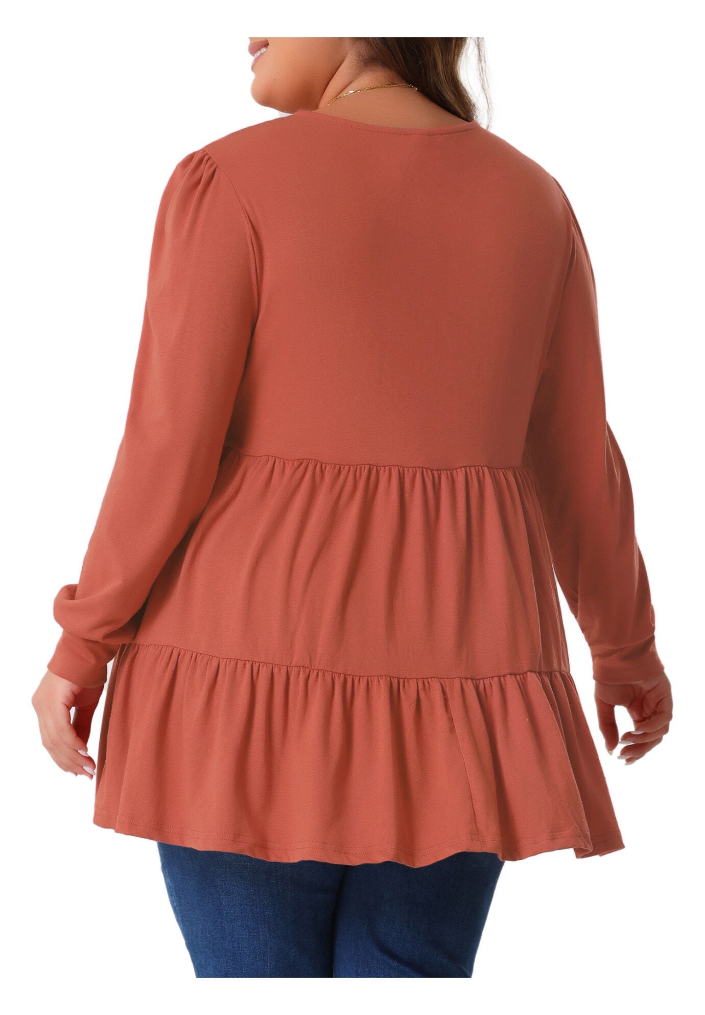 V Neck Long Sleeve Button Up Peplum Tunic Babydoll Top, Brick Red / Burnt Orange, alternate image number 1