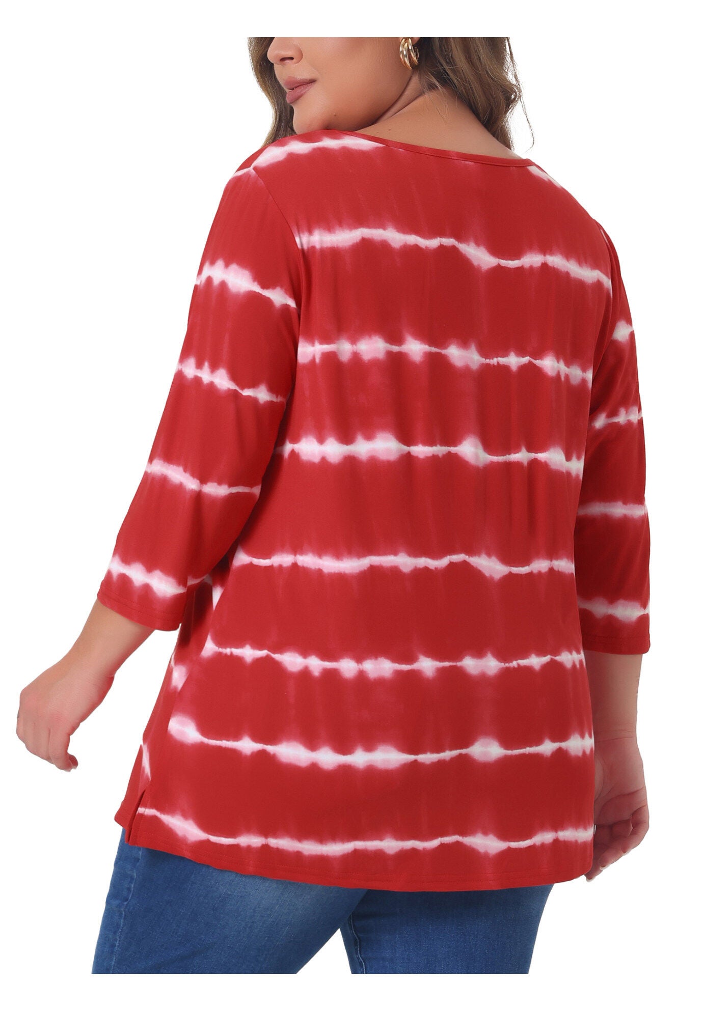 V Neck 3/4 Sleeve Loose Casual Striped Tie Dye Print T-Shirt Top, Red / Red, alternate image number 3