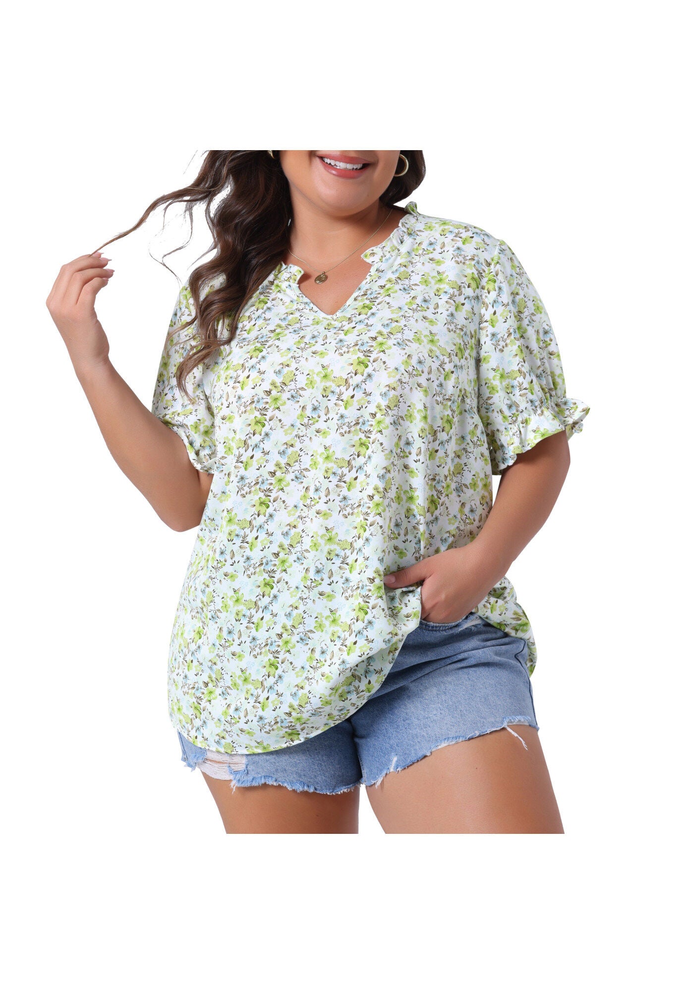 Floral V Neck Ruffle Puff Short Sleeve Blouse, Green / Light Green, alternate image number 1